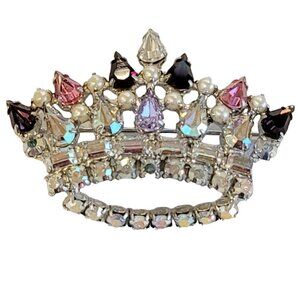 B David Pink Purple AB Rhinestone Faux Seed Pearl Family Crown Pin Signed M136